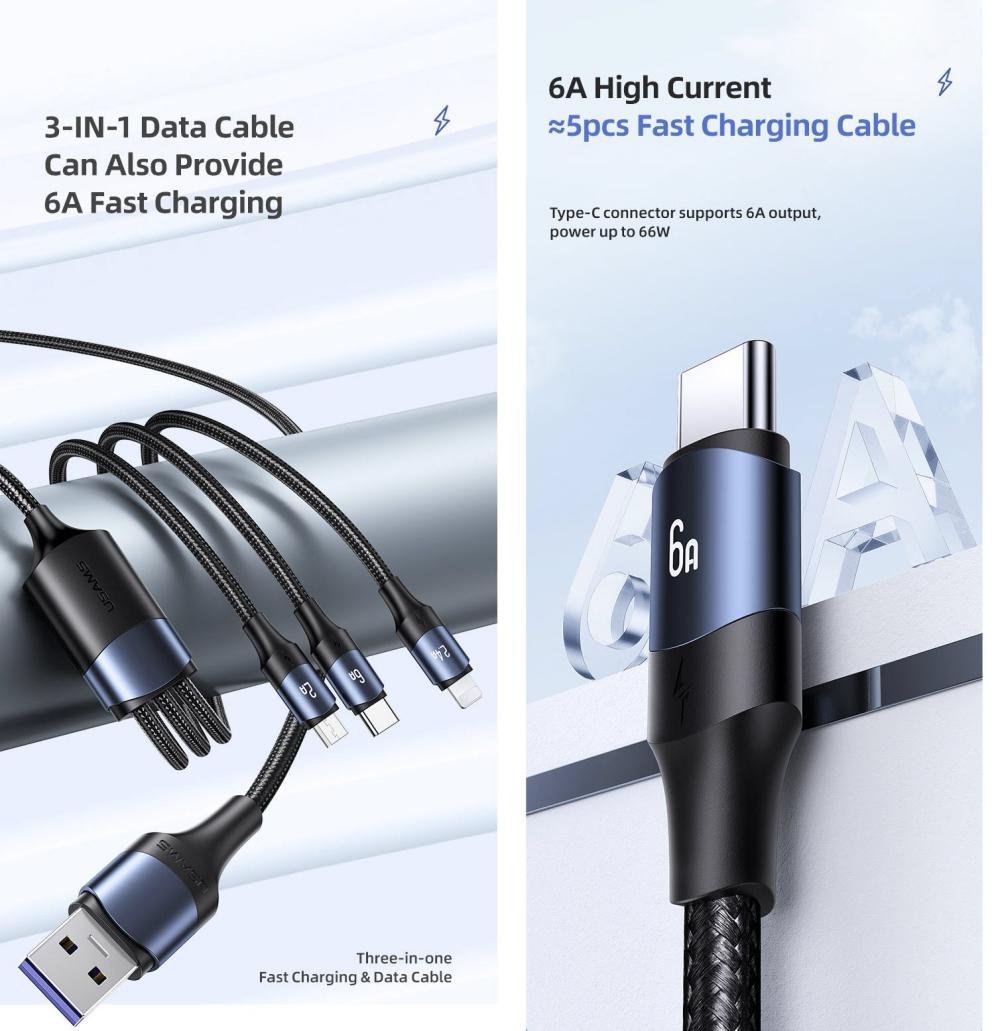 Usams Us Sj510 U71 3in1 Aluminum Alloy Fast Charging Data Cable 6a 1 2m (5)