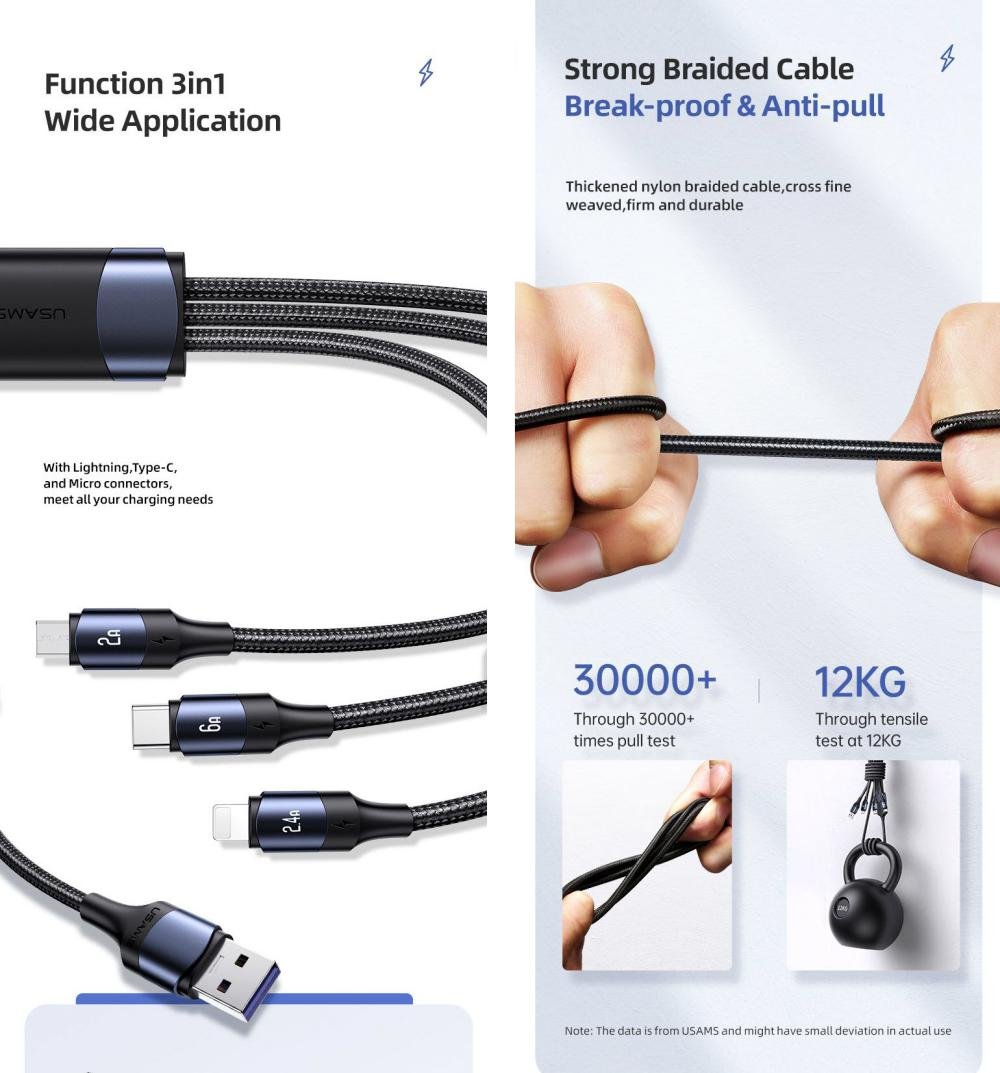 Usams Us Sj510 U71 3in1 Aluminum Alloy Fast Charging Data Cable 6a 1 2m (6)