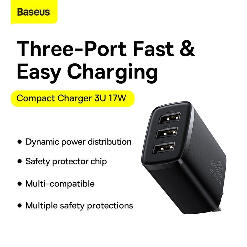 Baseus Charger 17w 3 Usb Output Black Cn Plug (2)