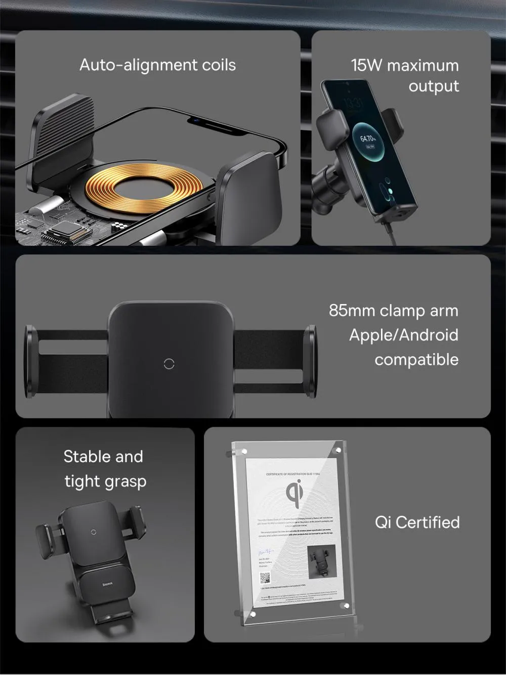 Baseus Wisdom Qi 15w Auto Alignment Car Mount Wireless Charger With Suction Cup (3) Result