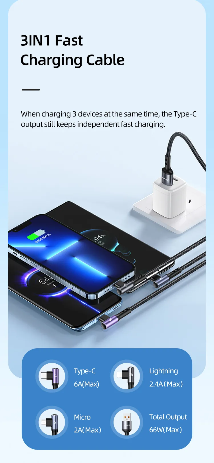Usams Us Sj561 U80 3in1 Right Angle 66w Fast Charging Data Cable (2)