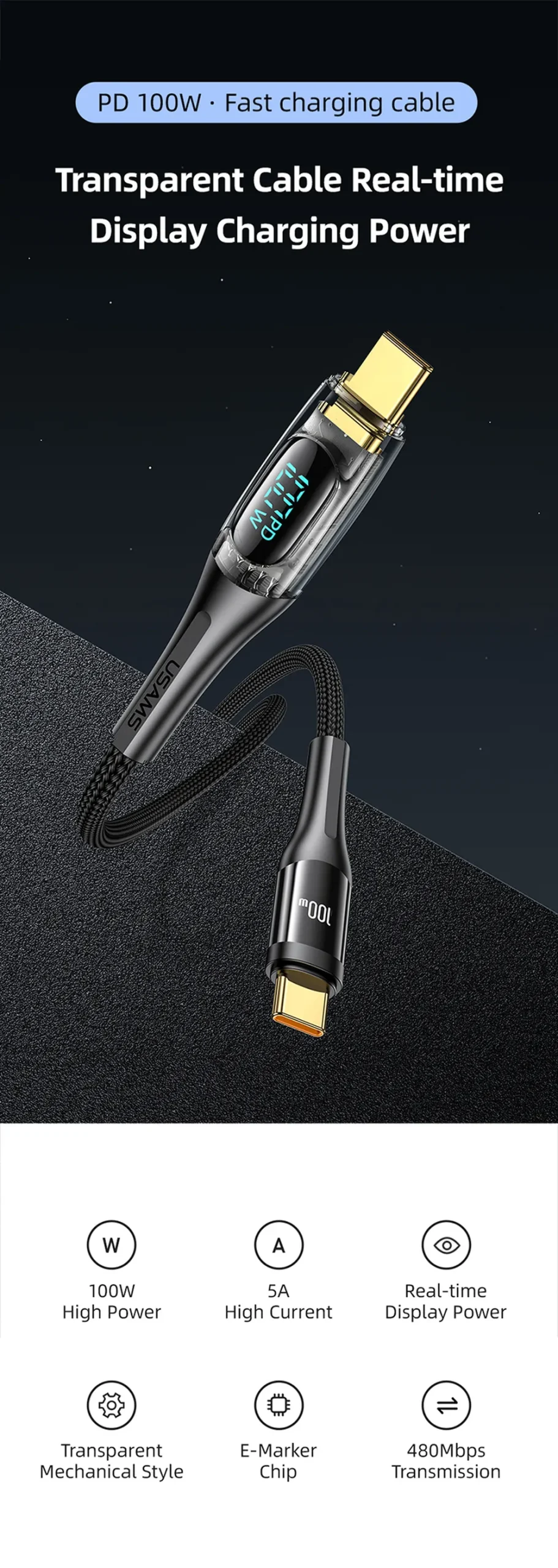 Usams Us Sj591 Type C To Type C Pd 100w Transparent Digital Display Cable 2 Meter (2)