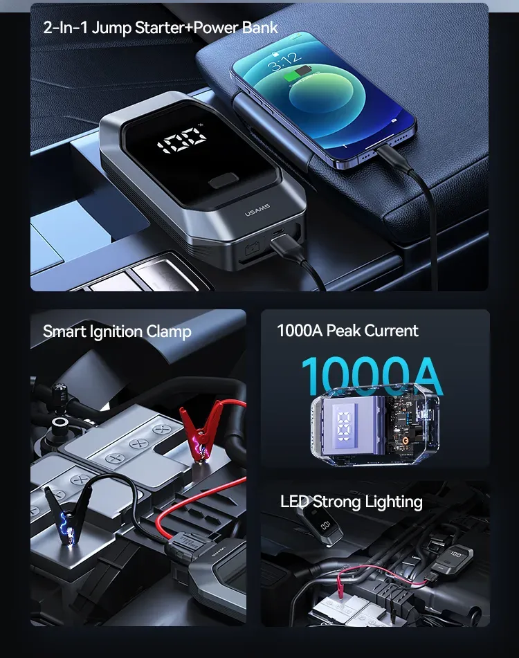 Usams Us Zb284 12v Car Jump Starter With Light Power Bank 8000mah Battery (3)