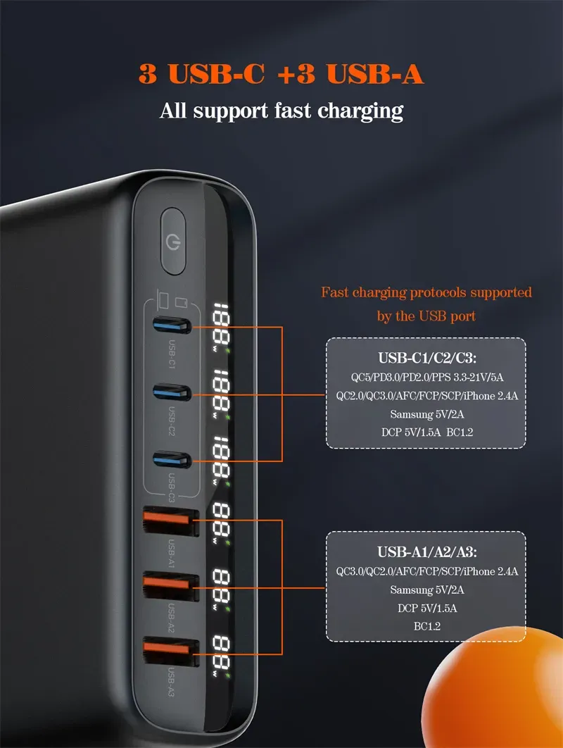 Ldnio A6140c 140w Super Fast Charging 6 Usb Ports Led Display Gan Desktop Charger Adapter 1 5m (1)