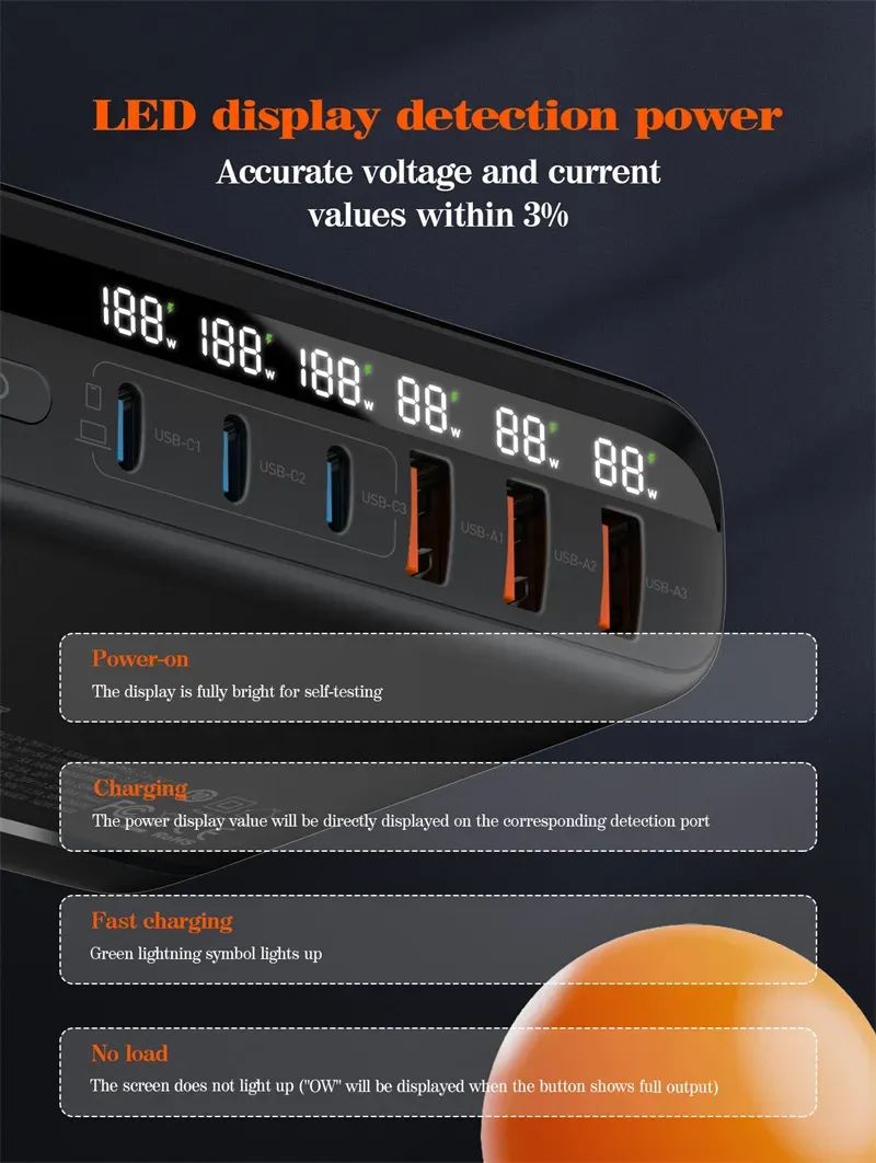 Ldnio A6140c 140w Super Fast Charging 6 Usb Ports Led Display Gan Desktop Charger Adapter 1 5m (2)