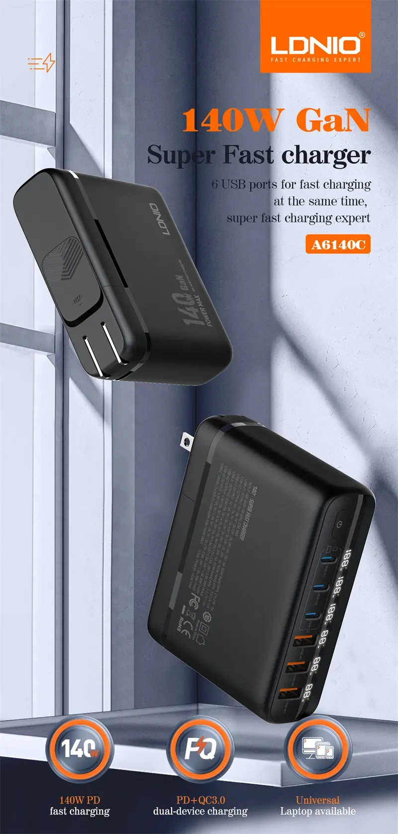 Ldnio A6140c 140w Super Fast Charging 6 Usb Ports Led Display Gan Desktop Charger Adapter 1 5m (3)