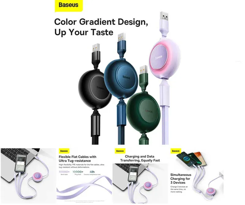 Baseus Miror Series Ii 66w Retractable 3 In 1 Fast Charging Data Cable Usb To Mlc (2)
