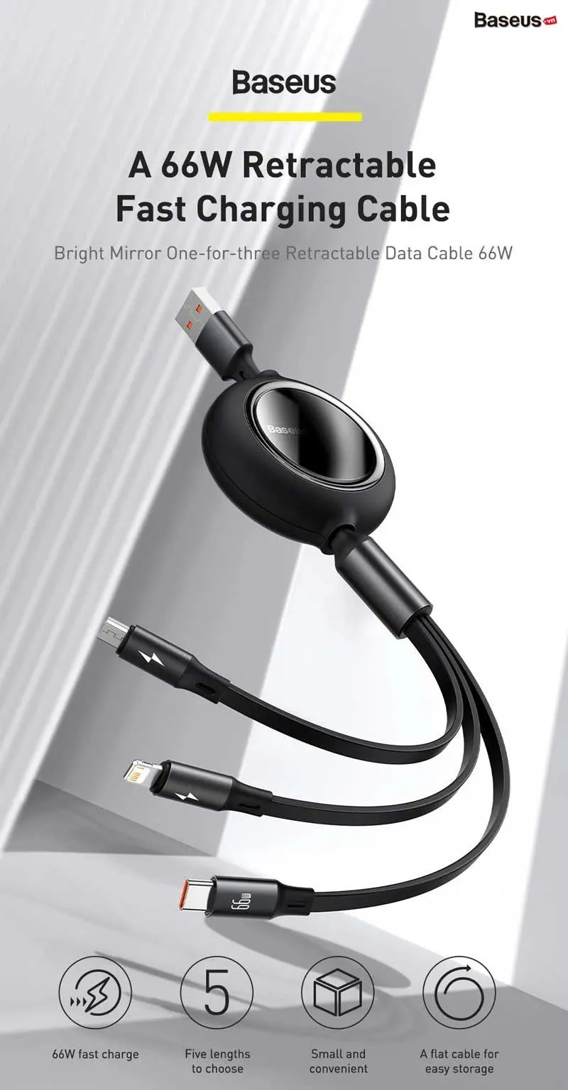 Baseus Miror Series Ii 66w Retractable 3 In 1 Fast Charging Data Cable Usb To Mlc (4)