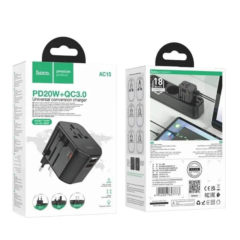 Hoco Ac15 3 Port Pd20w 2usb Universal Conversion Charger (1)