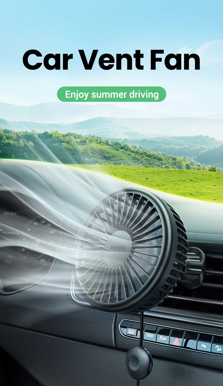 Ugreen 360 Car Fan Usb Fan For Car Vent 3 Speed Adjustable Setting Safe Stable (2)
