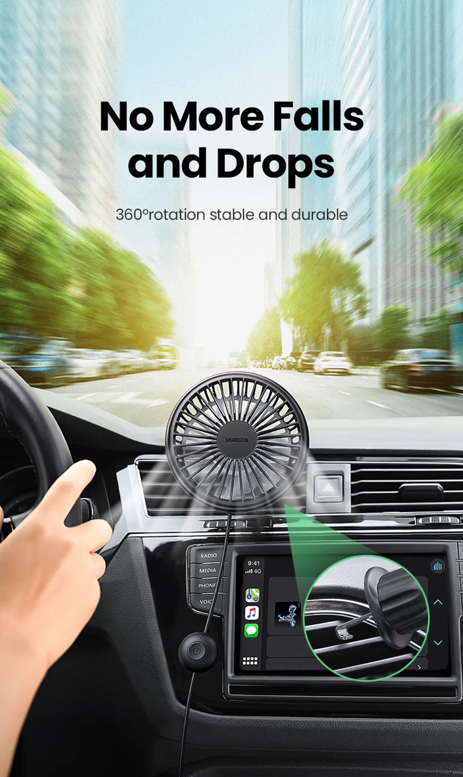 Ugreen 360 Car Fan Usb Fan For Car Vent 3 Speed Adjustable Setting Safe Stable (5)