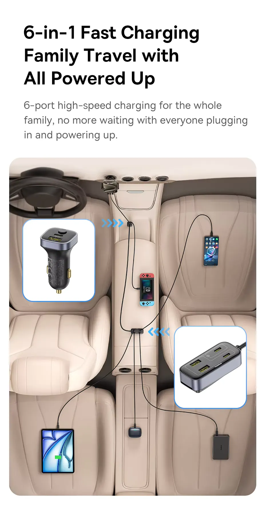 Baseus 110w Car Charger Backseat Pal L1 3usb 3type C With 1 5m Extension Cable (2)