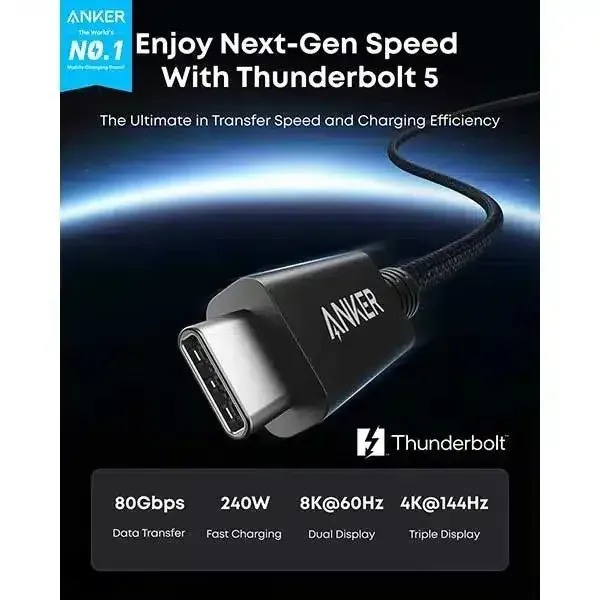 Anker Prime Thunderbolt 5 Cable 80 Gbps 240w 3.3 Ft 5