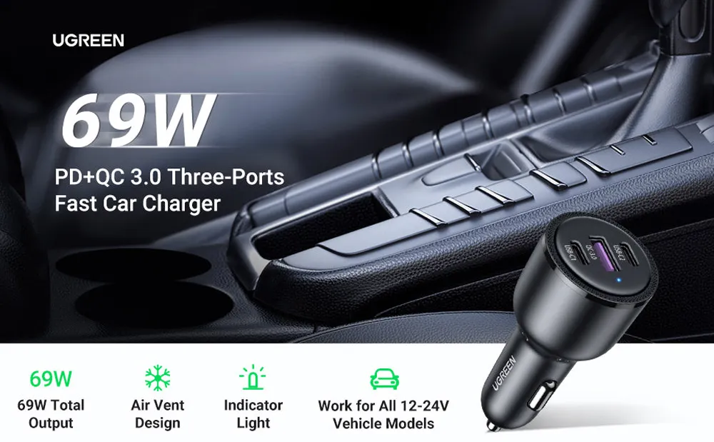 Ugreen 20467 69w Pdqc 3.0 Three Ports Fast Car Charger 11