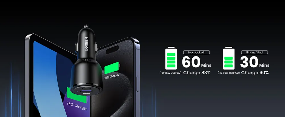 Ugreen 20467 69w Pdqc 3.0 Three Ports Fast Car Charger 22