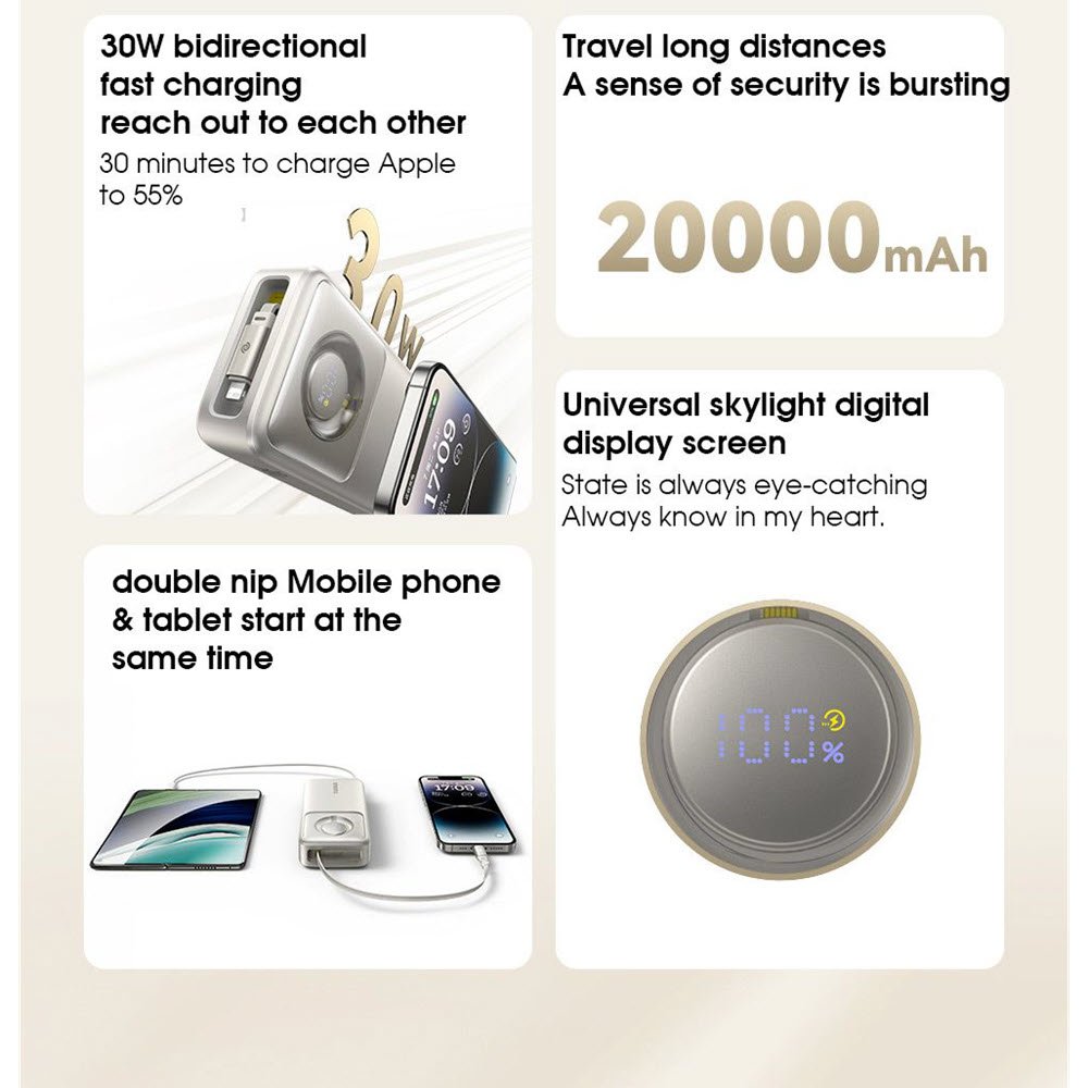 Baseus Nomos 30w 74wh 20000mah Digital Display Power Bank Built In Ip Retractable Cable 2