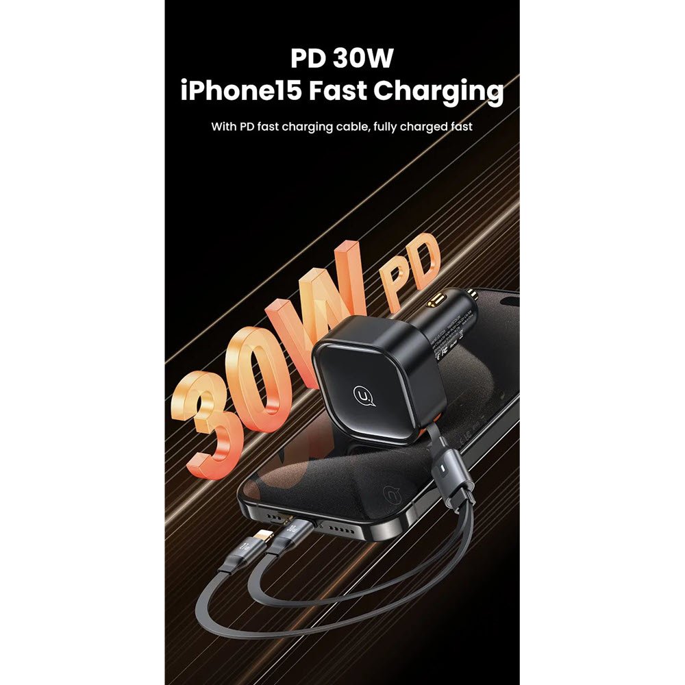 Usams Us Cc219 C41 30w Car Charger With 2in1 Retractable Cable Type Clightning 1