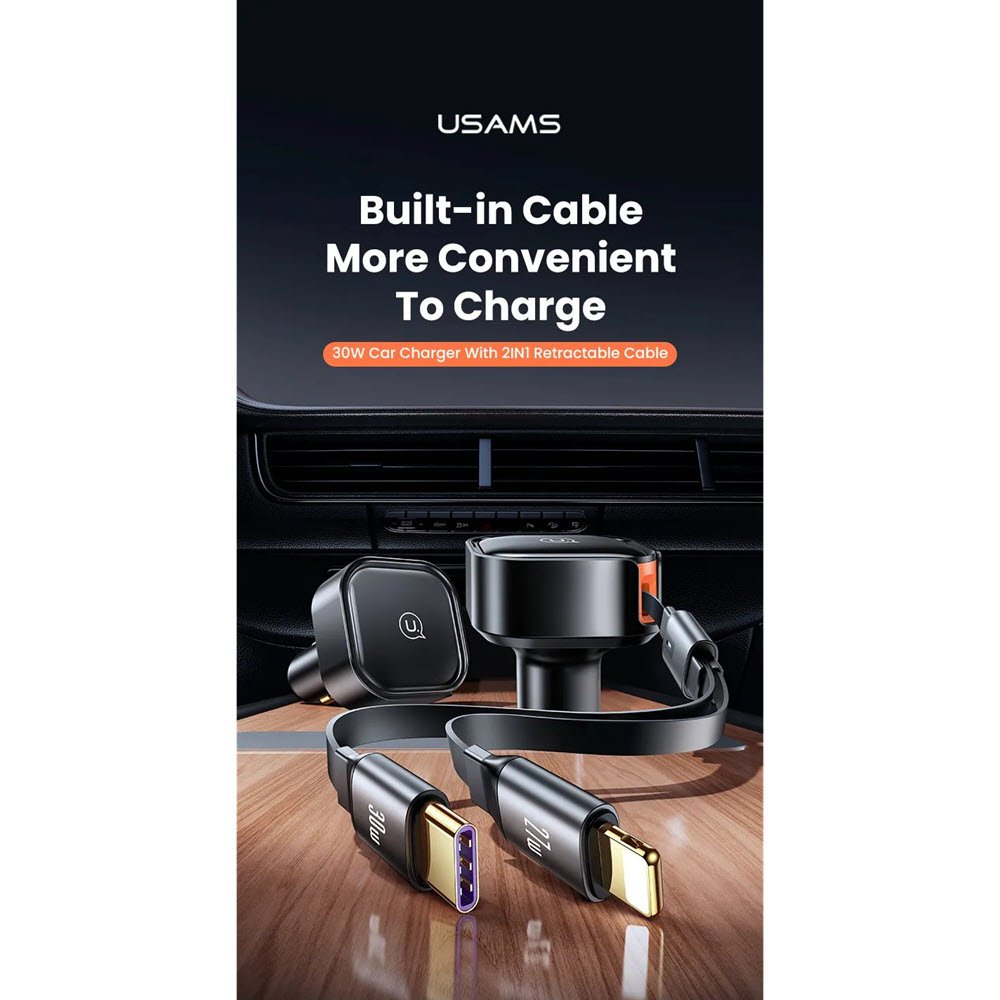 Usams Us Cc219 C41 30w Car Charger With 2in1 Retractable Cable Type Clightning 3