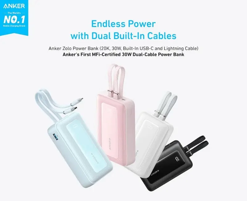 Anker Zolo A1681 20000mAh 30W Power Bank with Attached Type-C & Lightning Cable