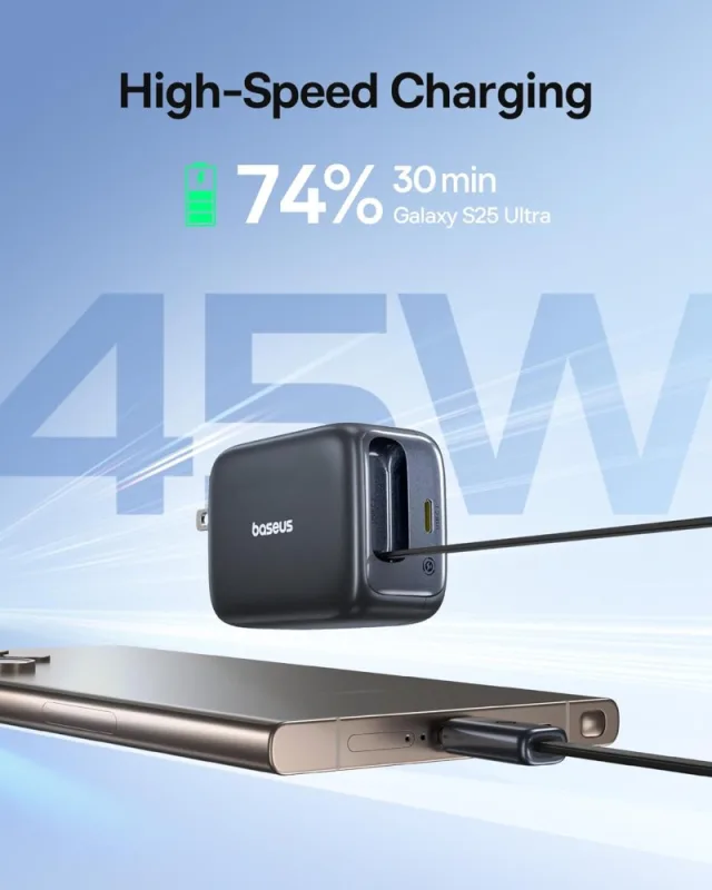 Baseus PD 45W Charger Dual Type-C With Retractable Type-C Cable