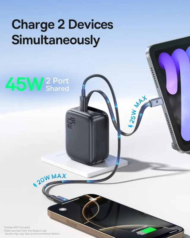 Baseus PD 45W Charger Dual Type-C With Retractable Type-C Cable