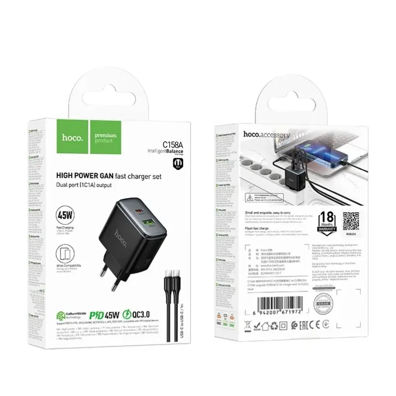Hoco C158A 45W PD Wall Charger Set – USB-C + USB-A, C-to-C Cable