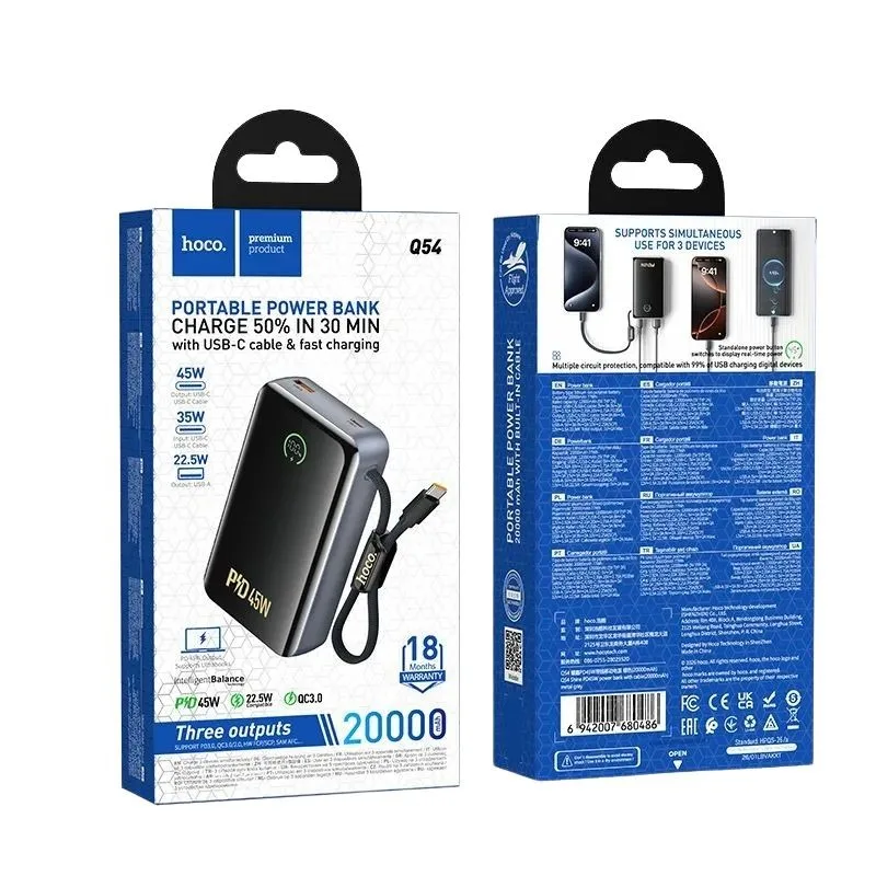 Hoco Q54 PD45W 20000mAh Power Bank with Cable Shine Fast Charging Backup