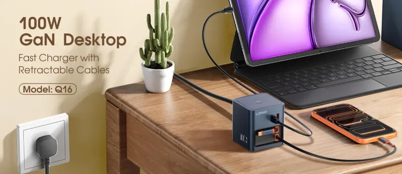 LDNIO Q16 100W GaN Desktop Charger 4-Port with USB-C Retractable Cable for Multi-Device Fast Charging