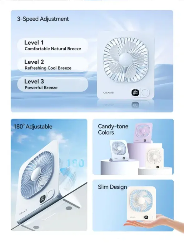 USAMS Lightweight Magnetic Desktop Fan with Rechargeable Battery