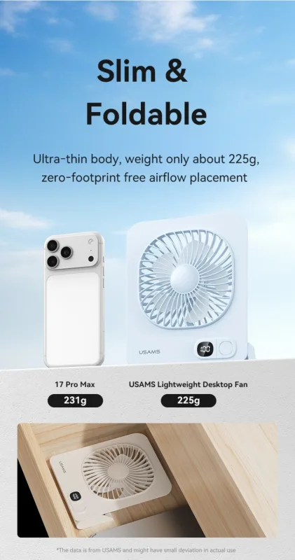 USAMS Lightweight Magnetic Desktop Fan with Rechargeable Battery