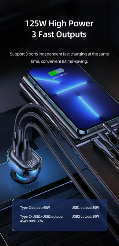 USAMS US-CC158 125W 3 Ports Transparent Digital Display Fast Car Charger – Icicle Series