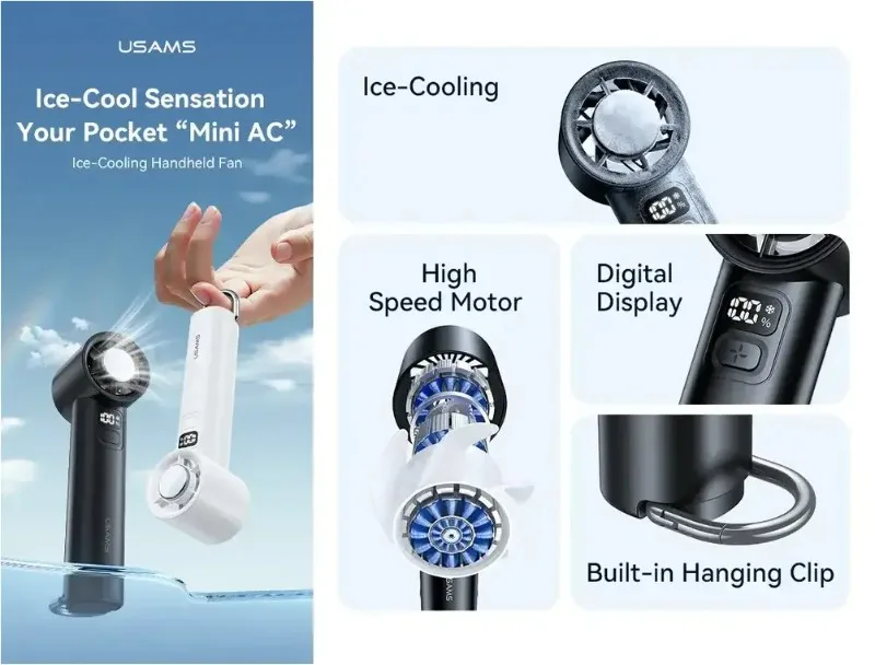 USAMS ZB361 Ice Cooling Handheld Fan 2000mAh Digital Display 100-Speed Portable Mini Fan