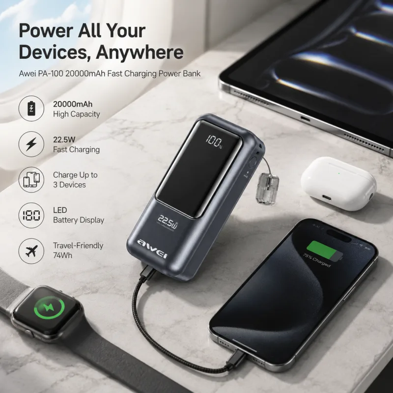 Awei PA-100 20000mAh 22.5W Portable Fast Charging Power Bank