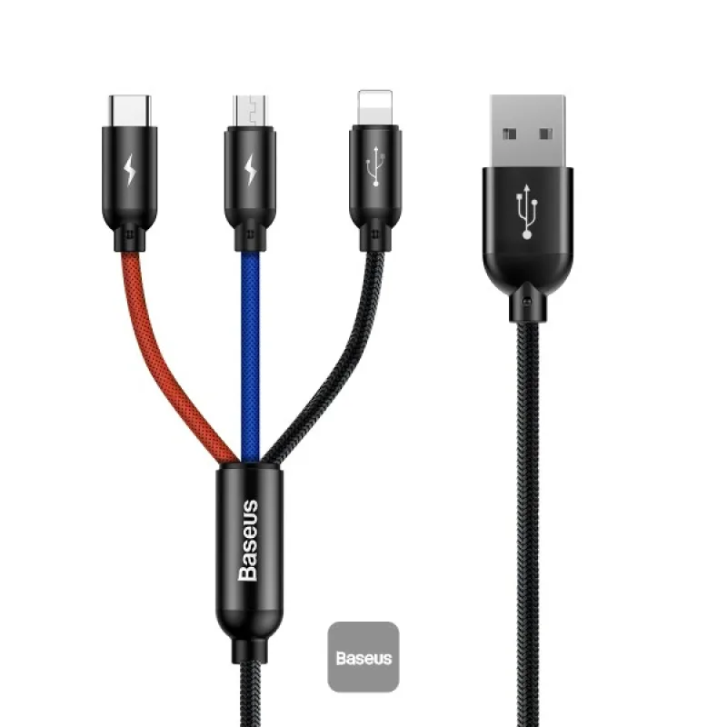 Baseus CAMLT-BSY01 Three Primary Colors 3-in-1 Cable USB For M+L+T 3.5A 1.2M Black