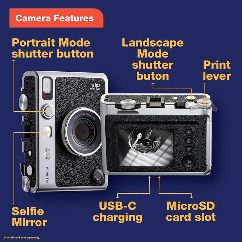 Instax Mini EVO Hybrid Instant Camera for 2″ x 3″ Prints, Selfie Mirror & Smartphone Saving