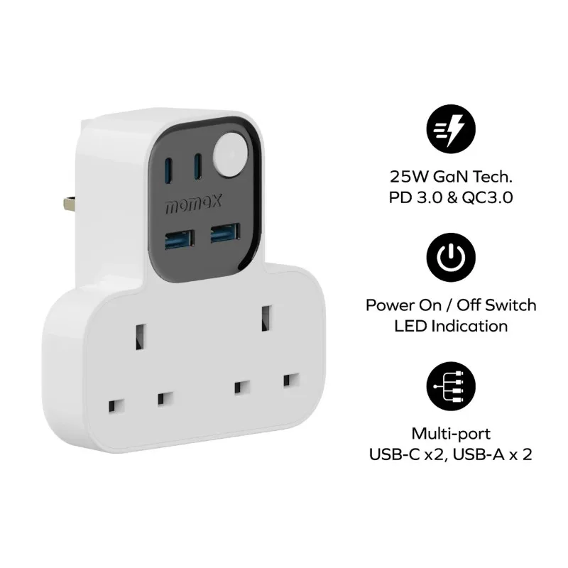Momax 1-Charge Work Flow T-Shaped Extension Cord With 2 Sockets, 2 USB-A and 2 USB-C Ports
