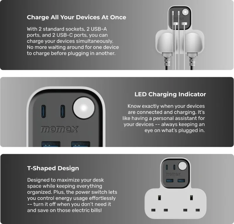 Momax 1-Charge Work Flow T-Shaped Extension Cord With 2 Sockets, 2 USB-A and 2 USB-C Ports