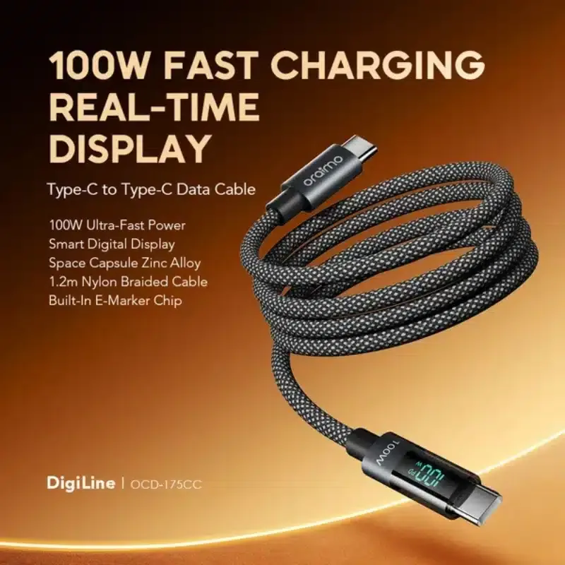Oraimo OCD-175CC 100W Type-C to Type-C Fast Charging Cable with Digital Power Display
