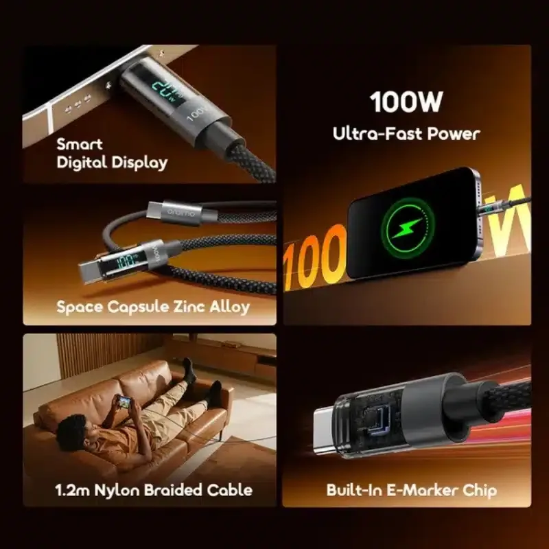 Oraimo OCD-175CC 100W Type-C to Type-C Fast Charging Cable with Digital Power Display