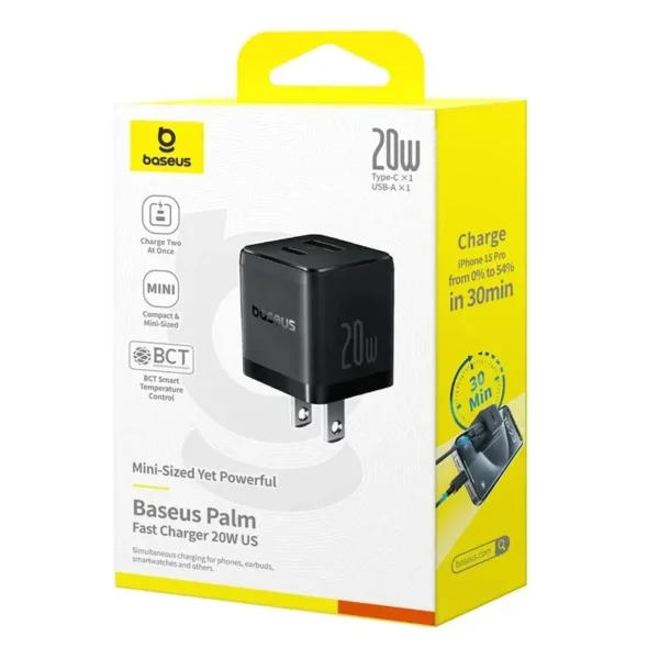 Baseus Charger Palm Series 20W Dual Output PD Fast Charger 1X USB A 1x Type-c
