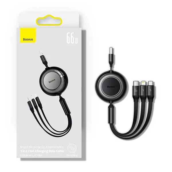 Baseus Miror Series II 66W Retractable 3-In-1 Fast Charging Data Cable USB To M+L+C