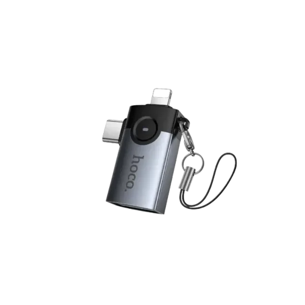 Hoco UA46D 2-in-1 OTG Adapter Lightning and Type-C to USB Converter (USB 2.0, Aluminum Alloy, Plug-and-Play) with Powerful Charging
