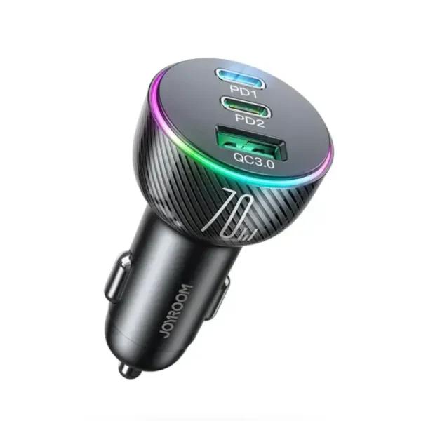 JOYROOM JR-CL26 70W 3-Port Car Charger (2PD + USB-A) for 12V–24V Vehicles with Powerful Charging
