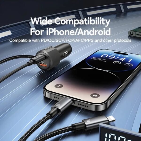 USAMS CC287 YT Series 66W Dual-Port USB & Type-C Car Fast Charger with 2-in-1 Cable